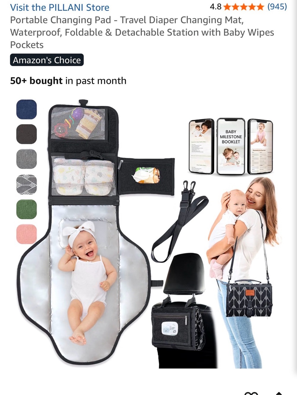 Portable Foldable Baby Changing Pad with Storage Pockets - Black